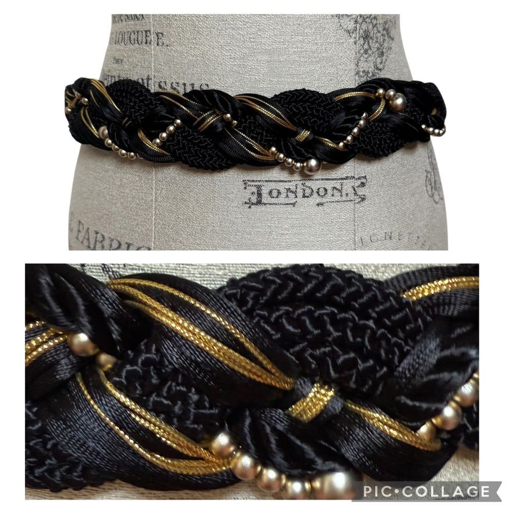 Vintage 80s Motion East Ornate Braided Macrame Belt Black Gold Metallic Cord ML